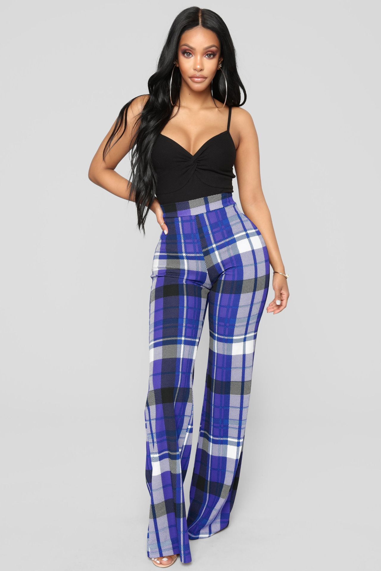 Unlimon's New Fashion Three Color Checkered Printed Wide Leg Pants Women's Casual Pants D01511