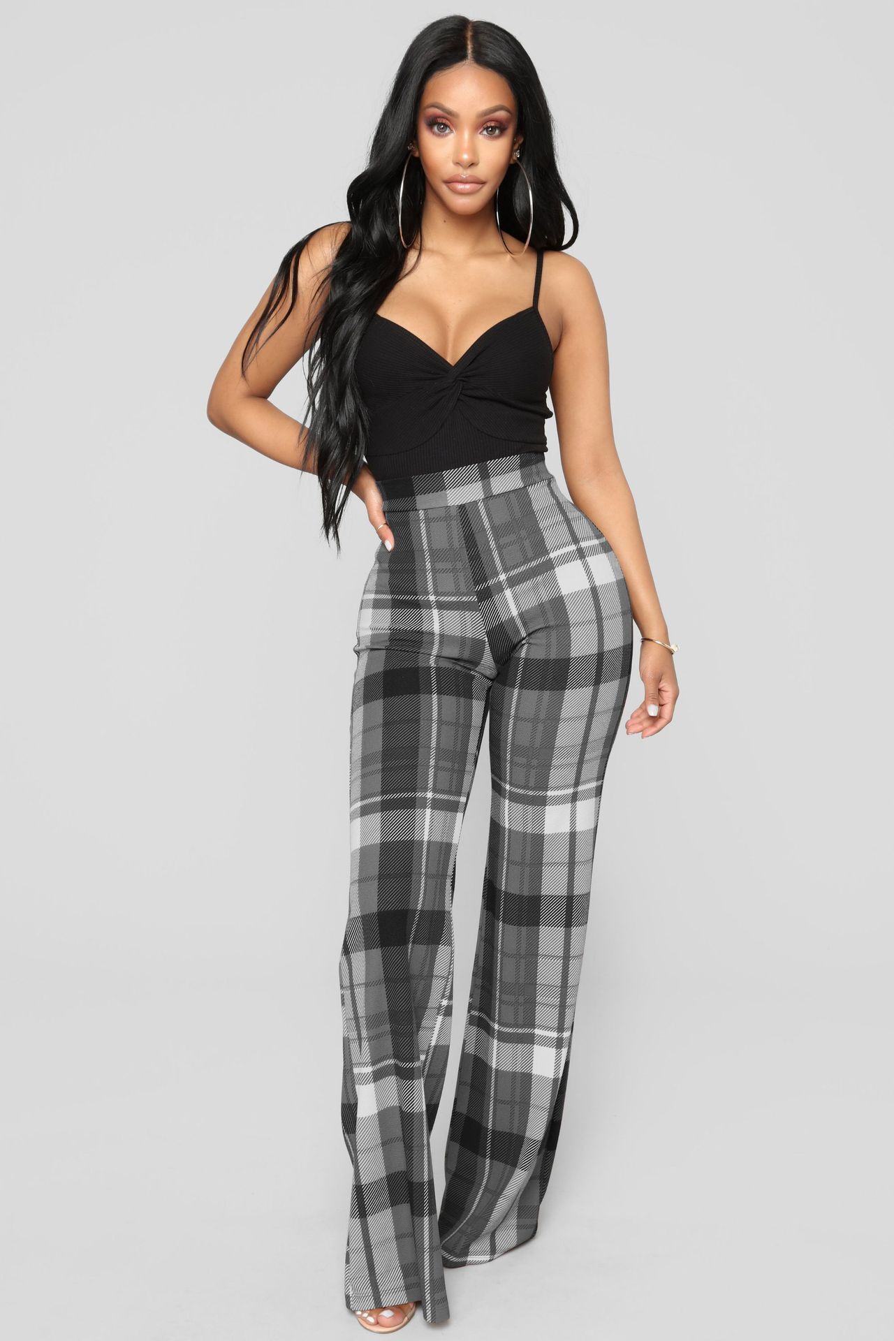 Unlimon's New Fashion Three Color Checkered Printed Wide Leg Pants Women's Casual Pants D01511