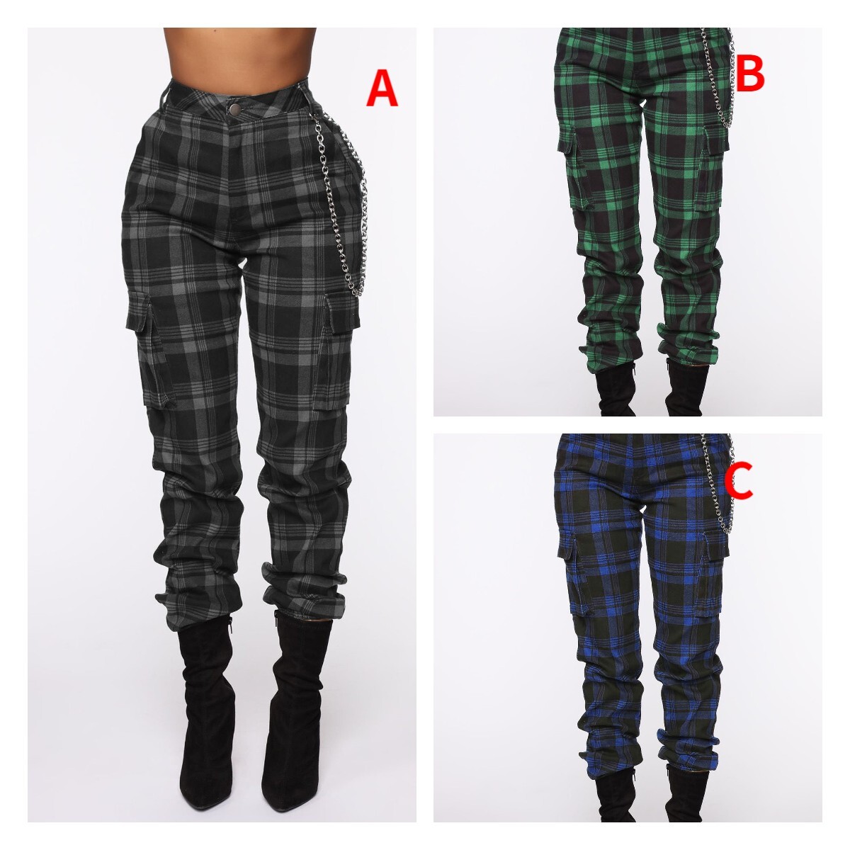 Unlimon's New Pop Fashion Check And Chain Accessories Harlan Pants Women's Casual Pants D01510