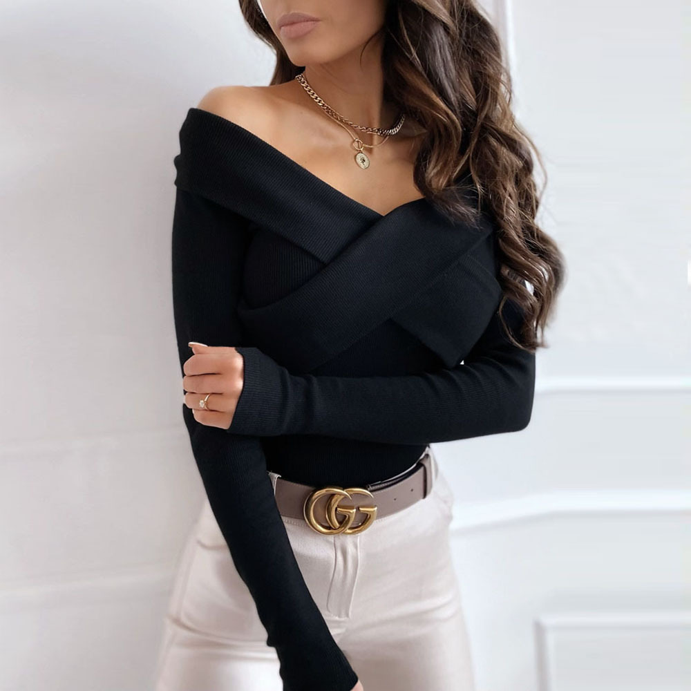 Unlimon 2021 Early Fall New Sexy Double V-neck T-shirt Short Long Sleeve Bottomed Shirt Top C03720