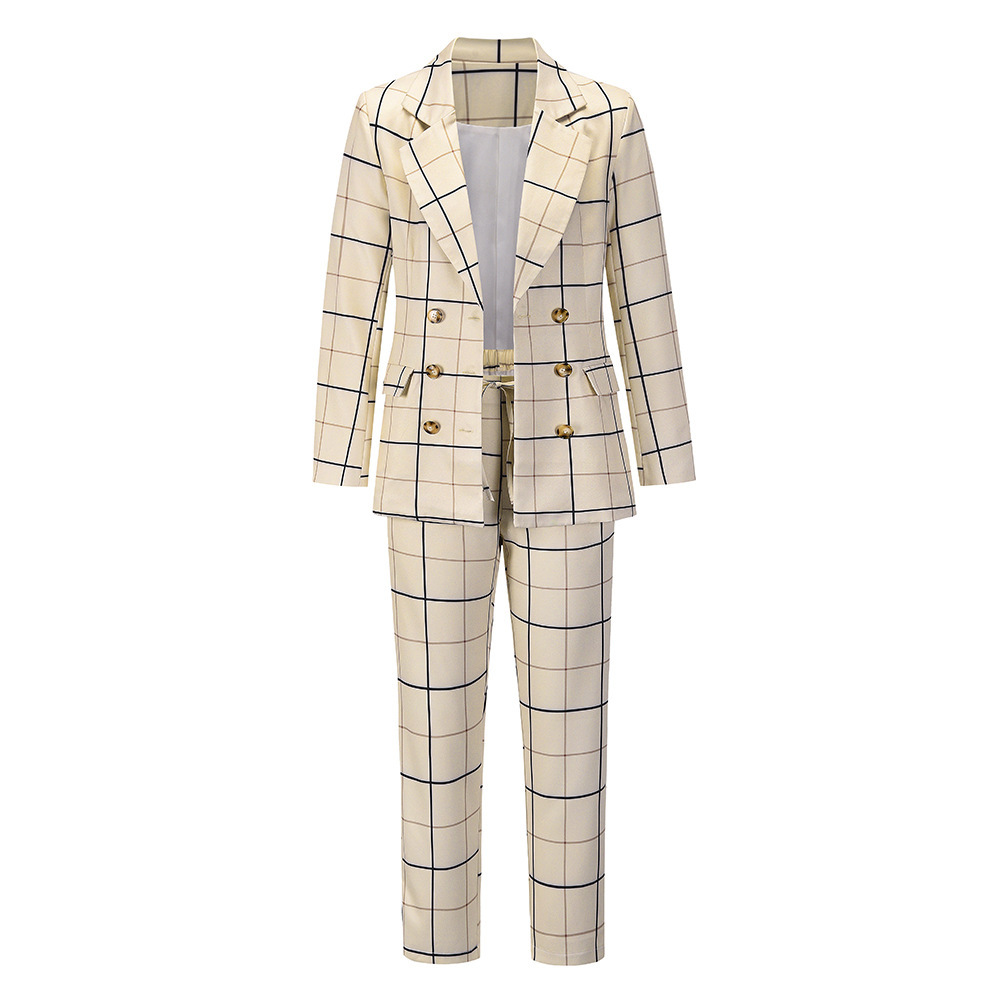 Unlimon 2021 Autumn And Winter Plaid Small Coat Suit Set Leisure Temperament Double Breasted Suit Set Large Female E01F516