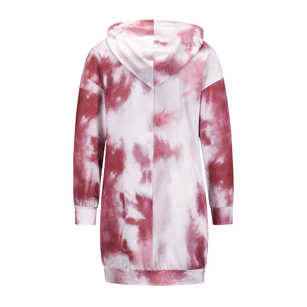 Tie Dyed Printed Long Sleeved Sweater Hooded Pullover Dress F01F639