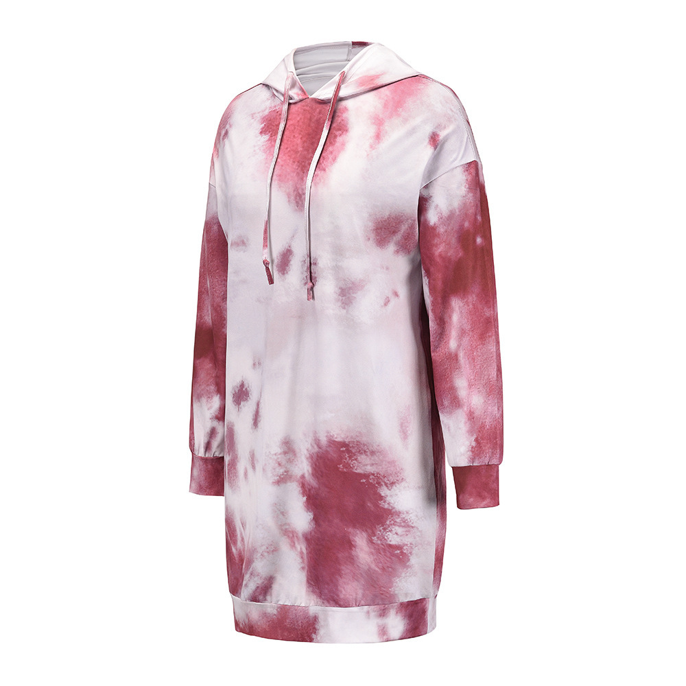 Tie Dyed Printed Long Sleeved Sweater Hooded Pullover Dress F01F639