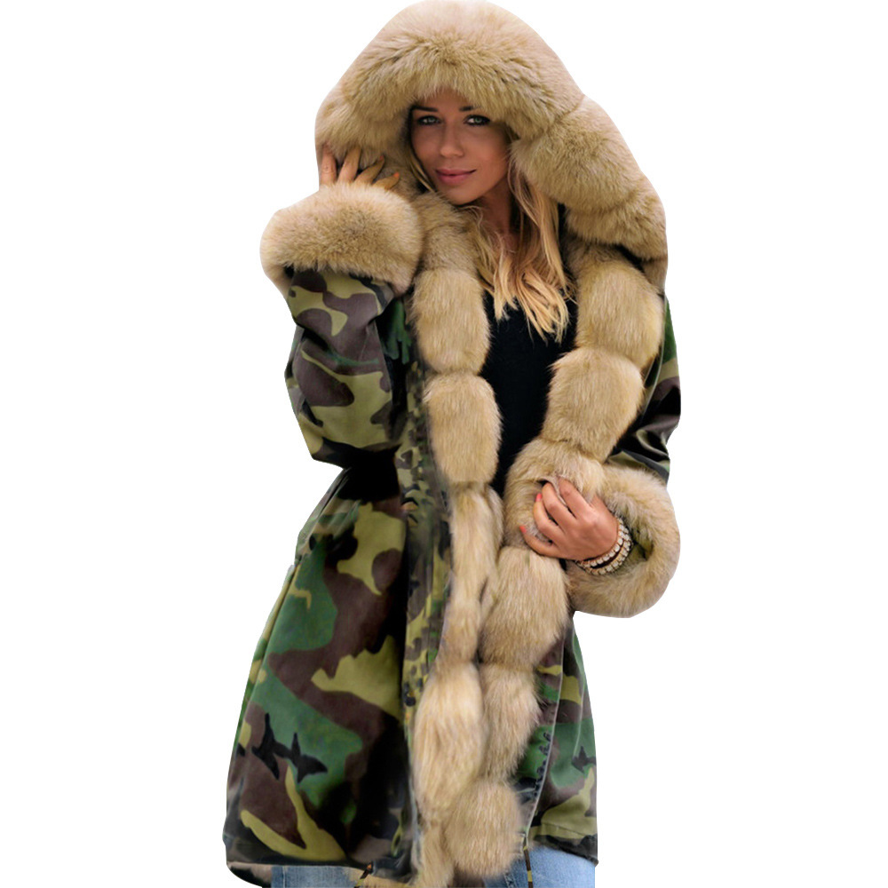 Plush Warm Thickened Medium Length Cotton Coat Wool Collar Coat Large Winter Coat C05001