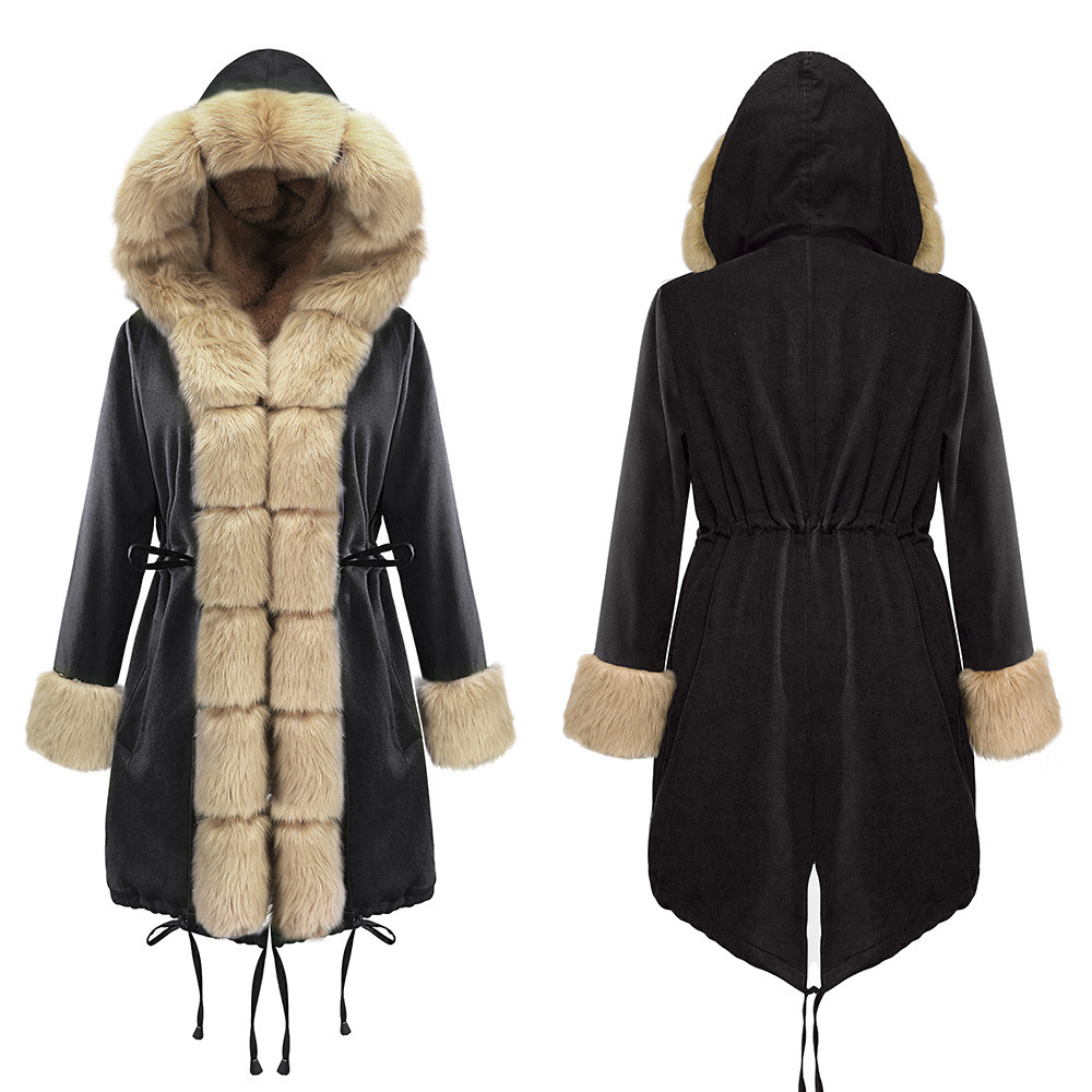 Plush Warm Thickened Medium Length Cotton Coat Wool Collar Coat Large Winter Coat C05001