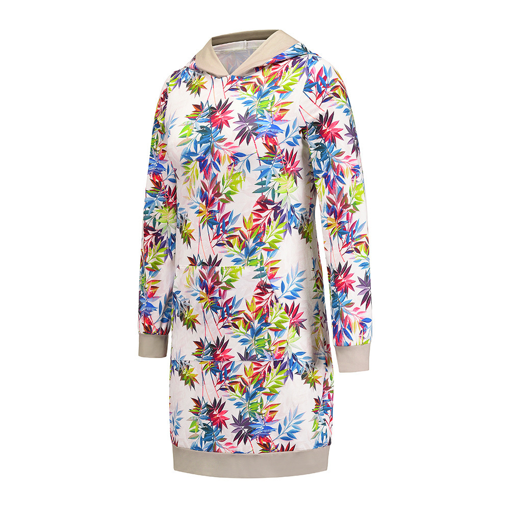 Casual Sweater Loose Long Sleeve Hooded Print Contrast Dress F01F638