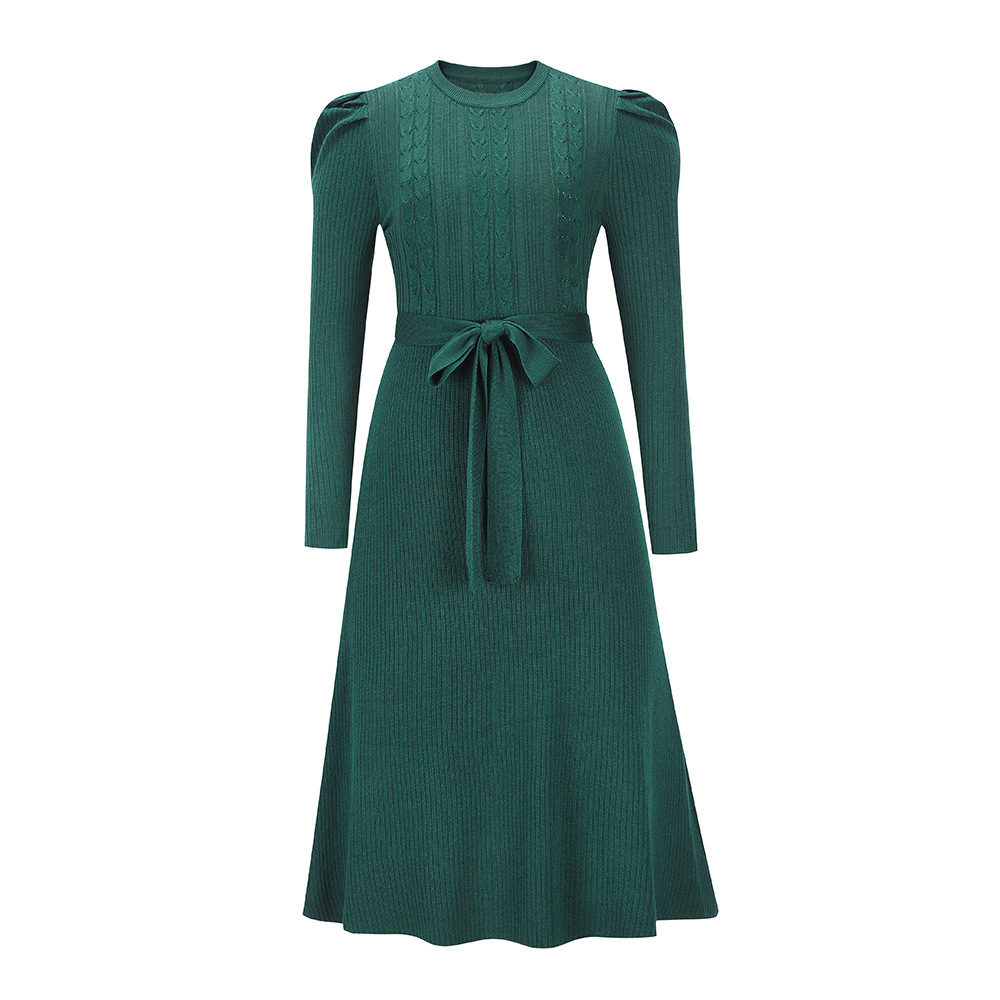 Bubble Long Sleeved Knitted Skirt Medium Long Temperament Thin High Waist Big Swing Dress Bottomed Wool Dress F01F637
