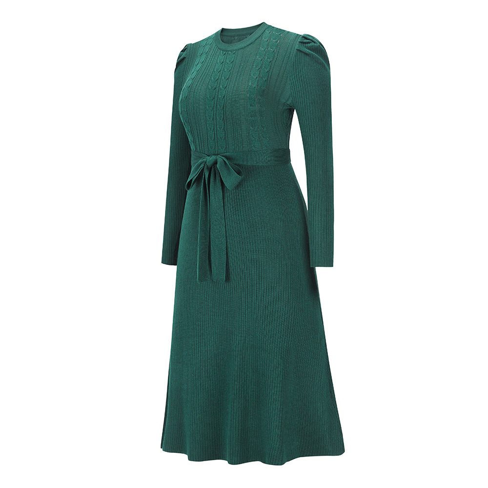 Bubble Long Sleeved Knitted Skirt Medium Long Temperament Thin High Waist Big Swing Dress Bottomed Wool Dress F01F637