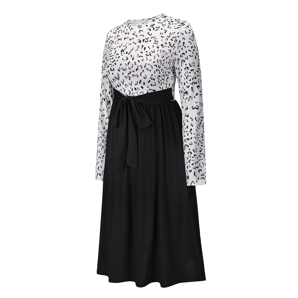 Leopard Stitching Long Sleeve Knitted Skirt Slim Lace Up Large Women's Skirt Dress F01F636