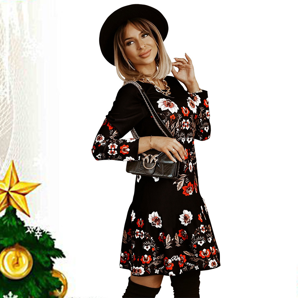 Autumn And Winter 2021 New Slim Knit Long Sleeve Dress Christmas Printed Skirt F01F635
