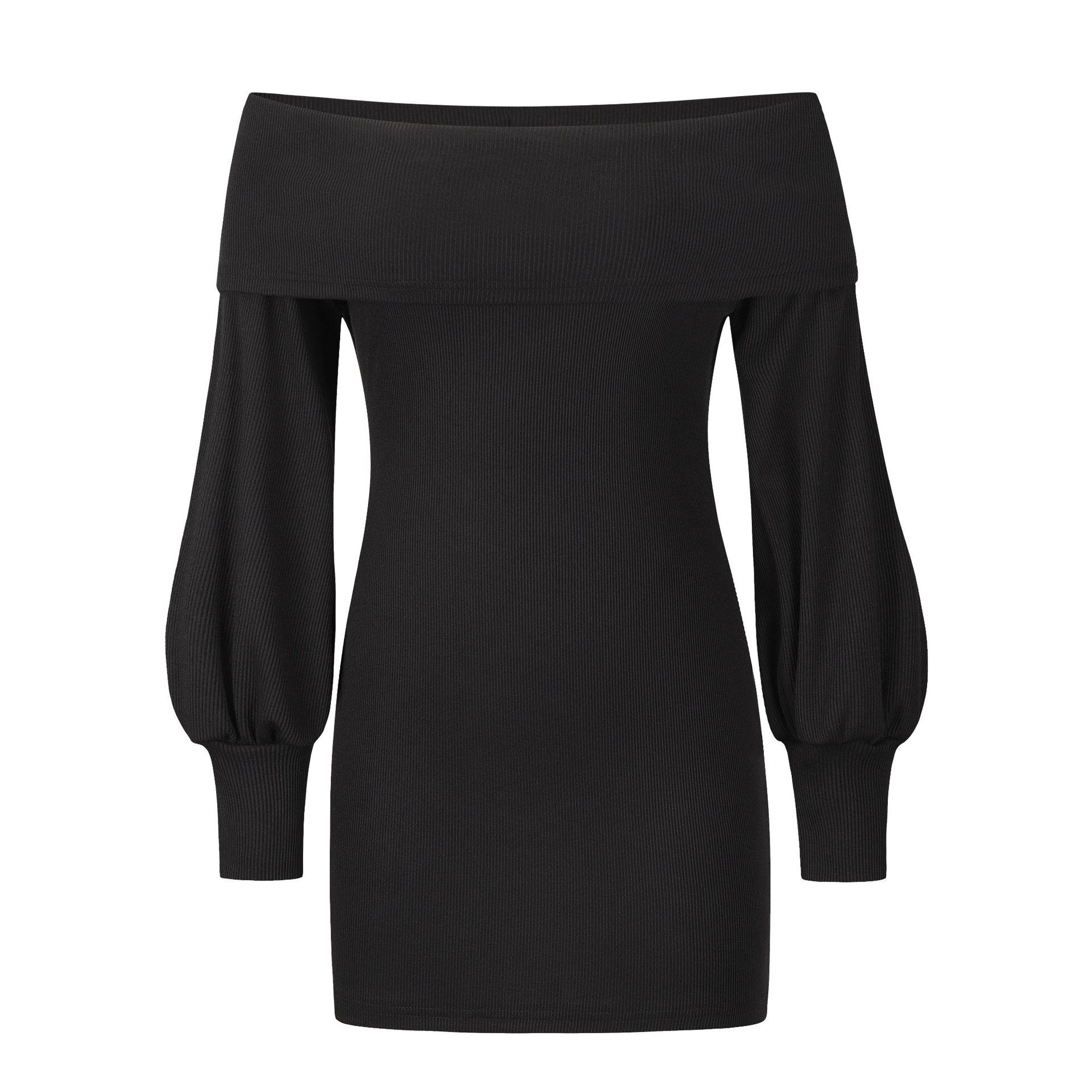 Sexy Hip Wrap Knit Skirt Off Shoulder Lantern Sleeve Dress New Rib Dress In Autumn And Winter F01F633