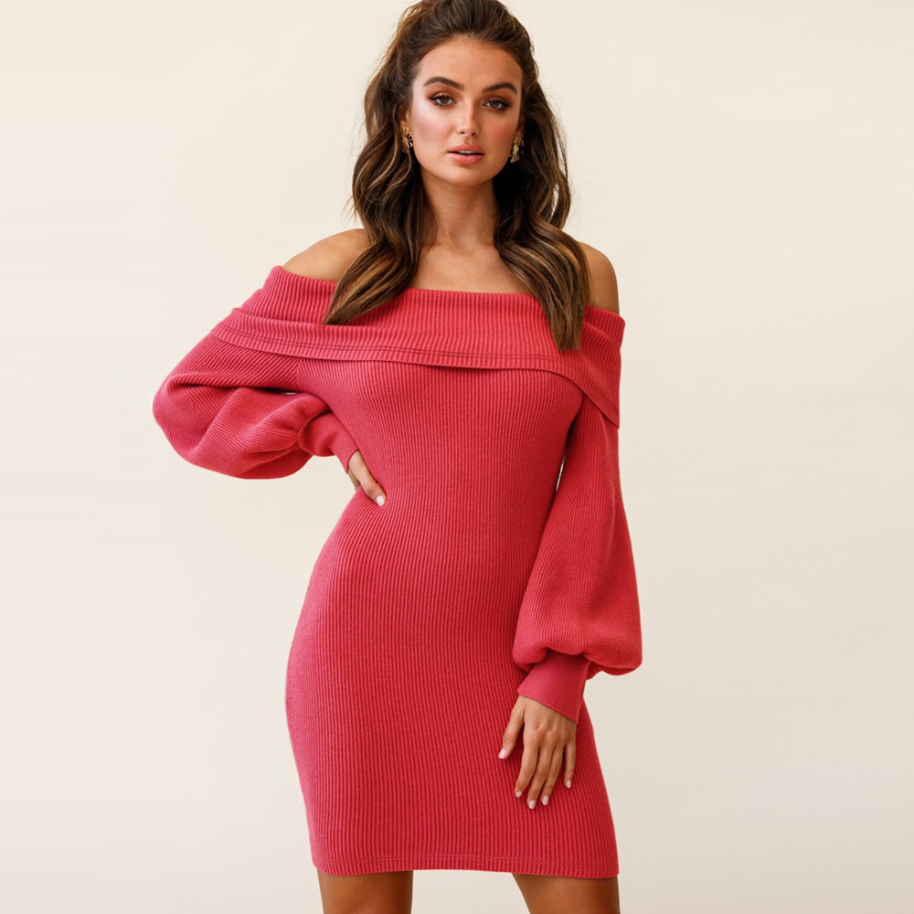 Sexy Hip Wrap Knit Skirt Off Shoulder Lantern Sleeve Dress New Rib Dress In Autumn And Winter F01F633