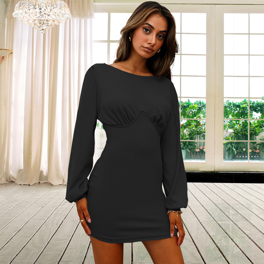 Autumn Winter Knitted Bottomed Long Sleeve Rib Sexy Slim Dress Large Skirt F01F630