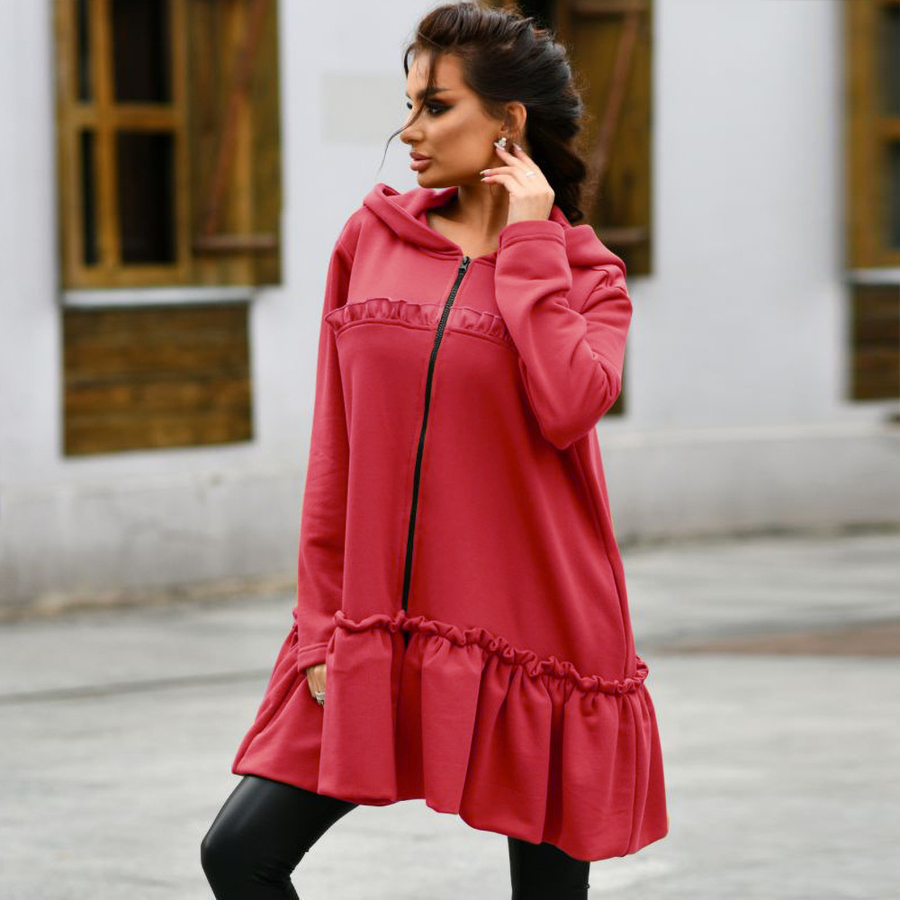 Fashion And Leisure Women's Long Sweater Coat Autumn And Winter New Hat Zipper Long Sleeve Loose Large Coat F01F628
