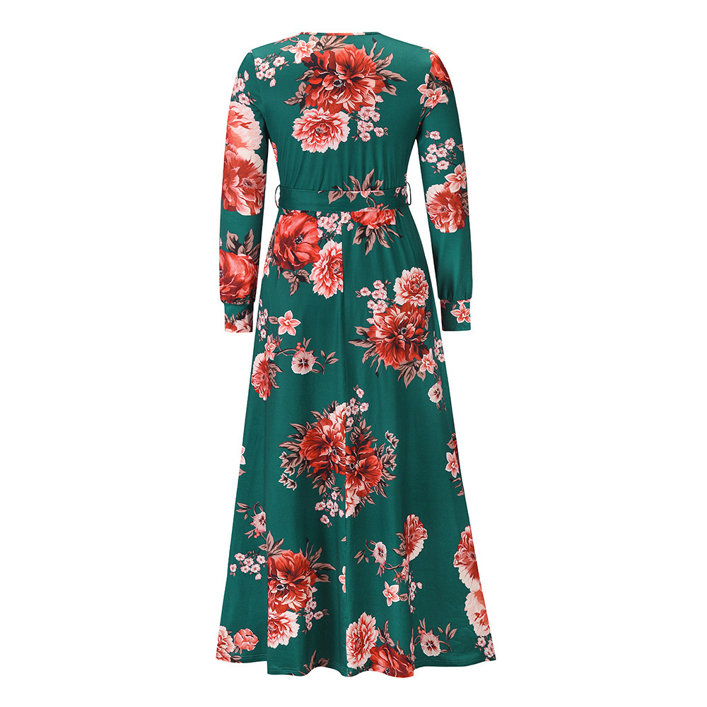2021 Autumn Winter Women's Large V-Neck Long Sleeve Floral Knitted Dress Long Skirt F01F626