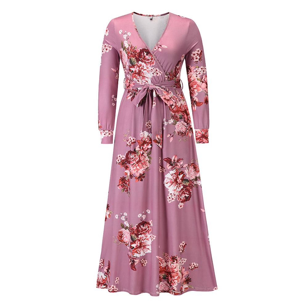 2021 Autumn Winter Women's Large V-Neck Long Sleeve Floral Knitted Dress Long Skirt F01F626