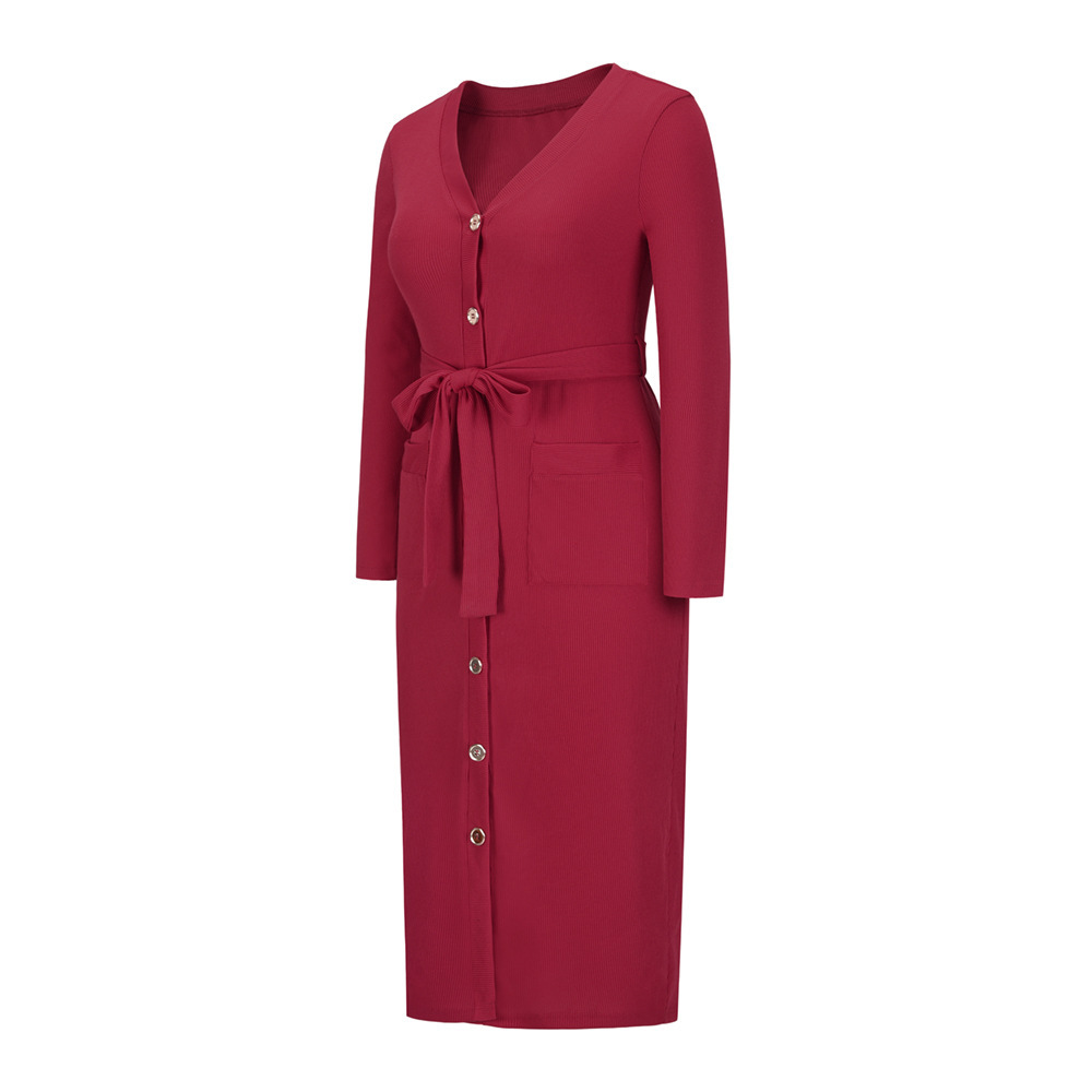 Long Waist Knit Skirt 2021 Women's Long Sleeve Slim V-neck Single Breasted Dress F01F624