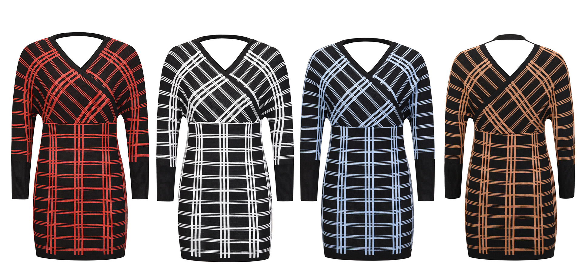 Vintage Plaid Knitted Dress Long Sleeve Sexy V-neck Wrap Hip Short Sweater Skirt Dress 2021 Autumn Winter New Women F01F622