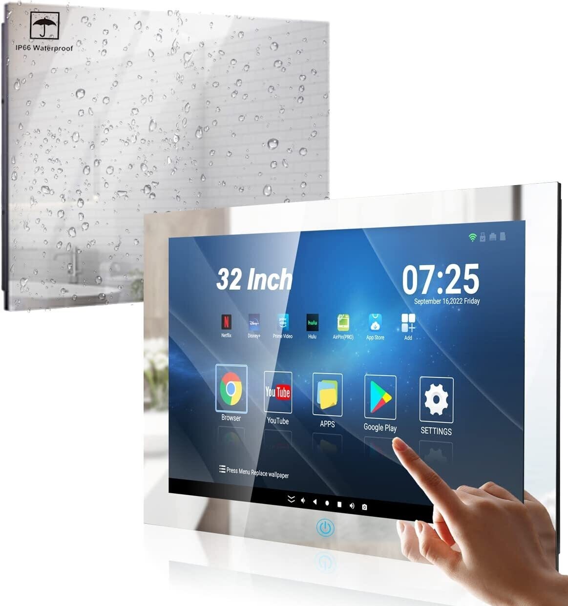 Touchscreen Bathroom Smart TV mirror 500 High-Brightness & H2 Chip Android 11.0 System 2023 Model 32-inch  IP66 Waterproof Smart Mirror TVs FHD 1080P LED TV Built-in HDTV Tuner,Wi-Fi Bluetooth(8GB+64GB)