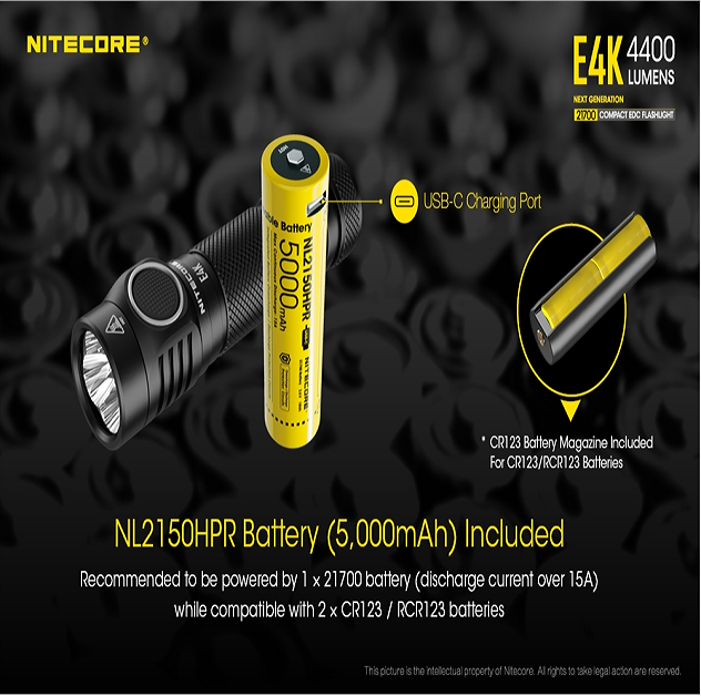 Nitecore E4K  4 x XP-L 4400 Lumens 21700 Battery USB-C Rechargeable EDC Flashlight