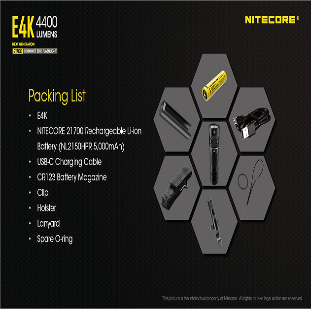 Nitecore E4K  4 x XP-L 4400 Lumens 21700 Battery USB-C Rechargeable EDC Flashlight
