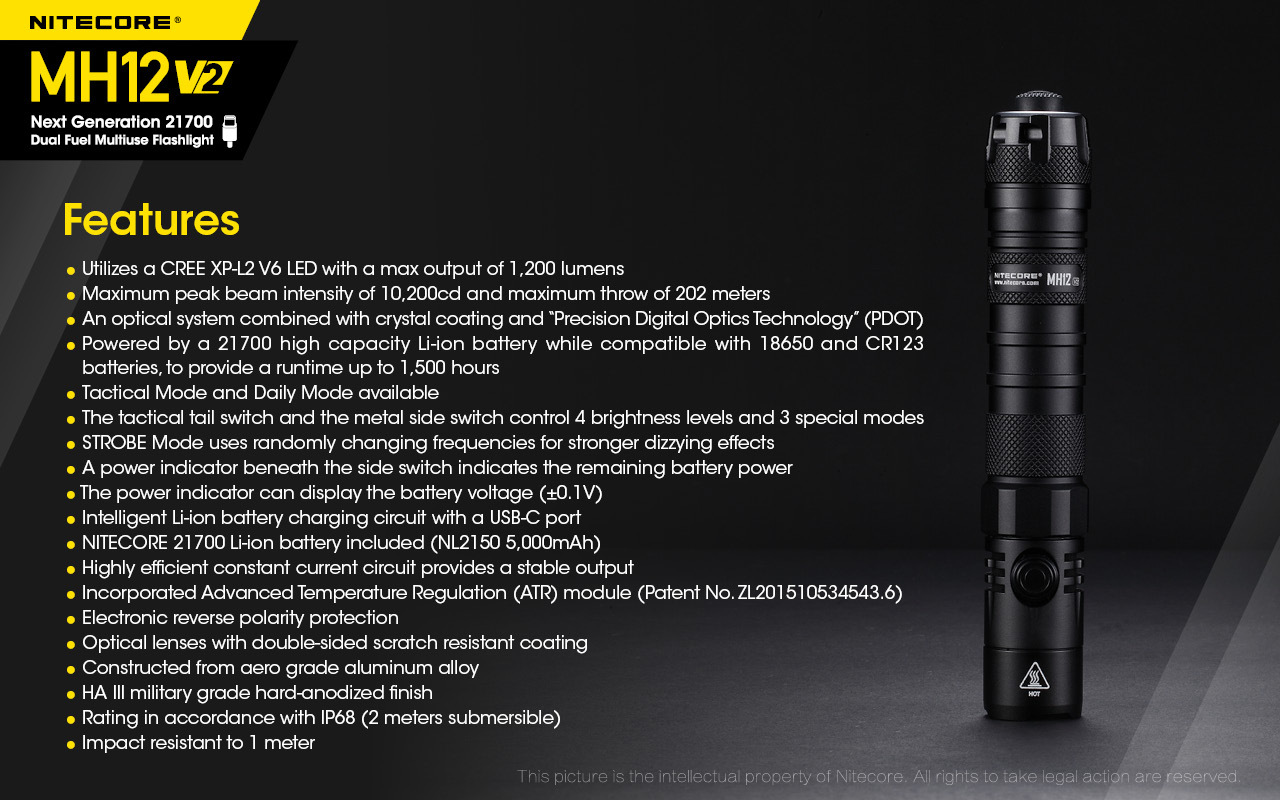 Nitecore MH12 v2  XP-L2 V6 LED 1200 Lumens USB-C Rechargeable 18650 Tactical Flashlight