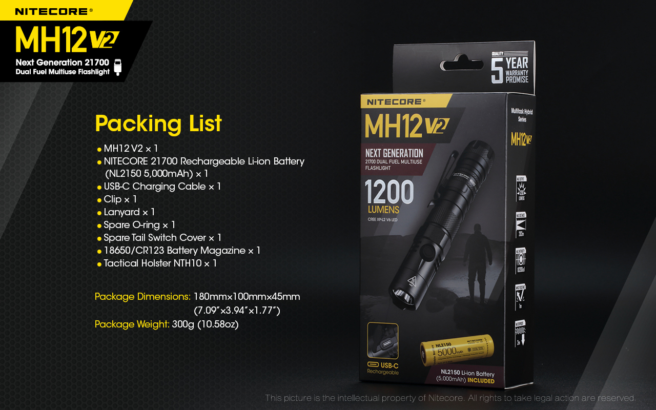 Nitecore MH12 v2  XP-L2 V6 LED 1200 Lumens USB-C Rechargeable 18650 Tactical Flashlight