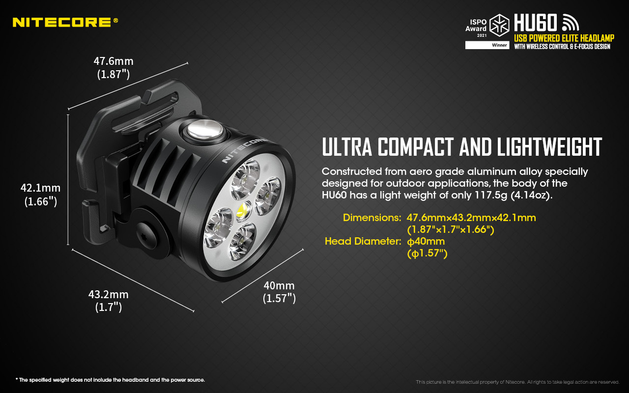 Nitecore HU60 4x  XP-G3 S3 + 1x  XHP35 HD E2 1600 Lumens Focusable Rechargeable Headlamps