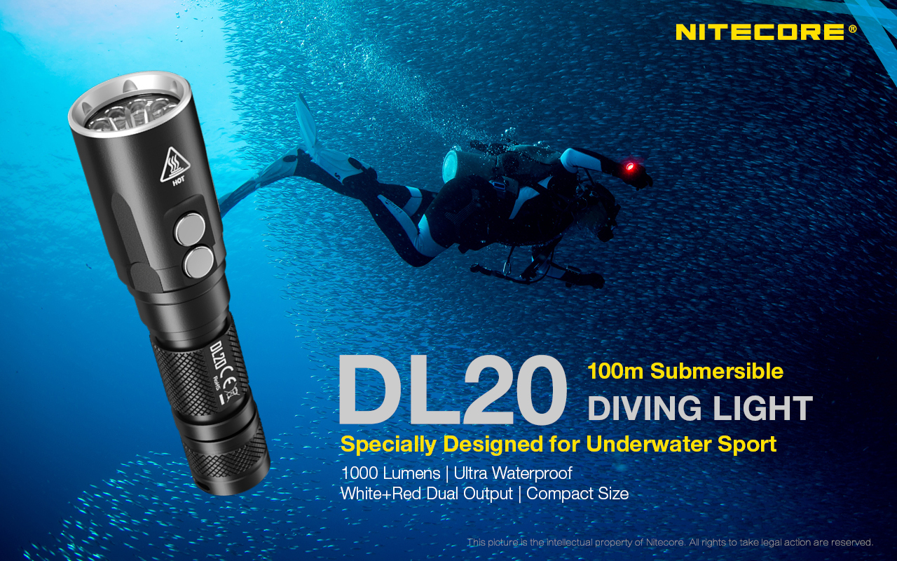 Nitecore DL20  XP-L HI V3 LED 1000 Lumens 100M Submersible Diving Lights