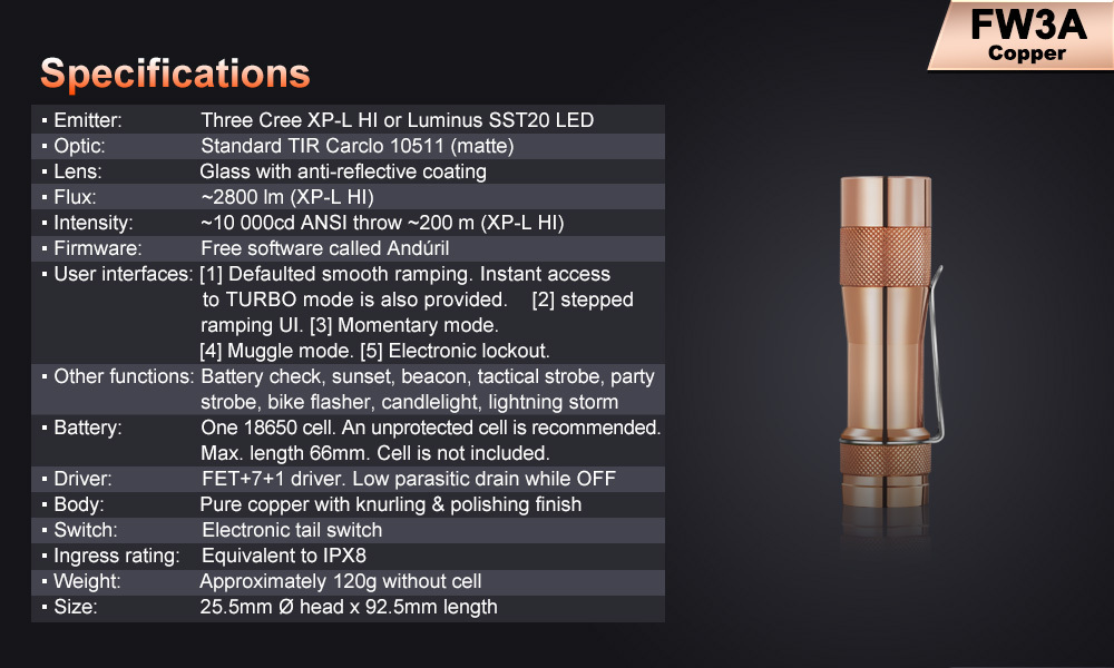 Lumintop FW3A TLF/BLF Copper 2800 Lumens EDC Flashlight