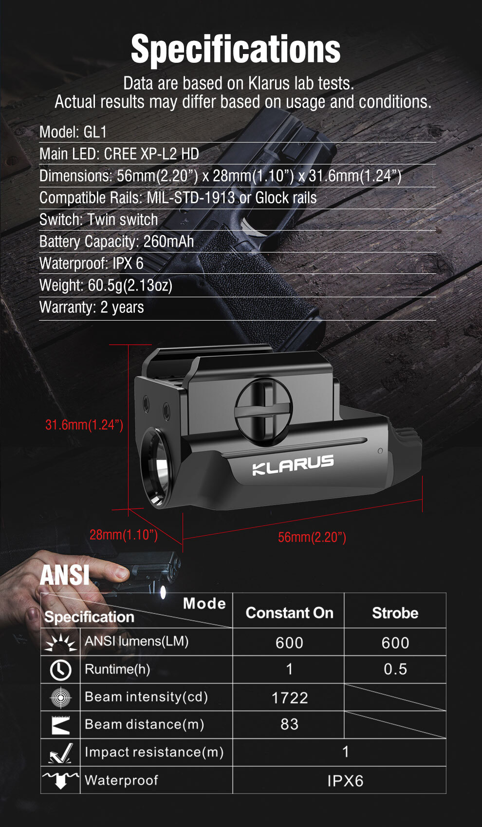 Klarus GL1 600 Lumens Micro Pistol Tactical Flashlight