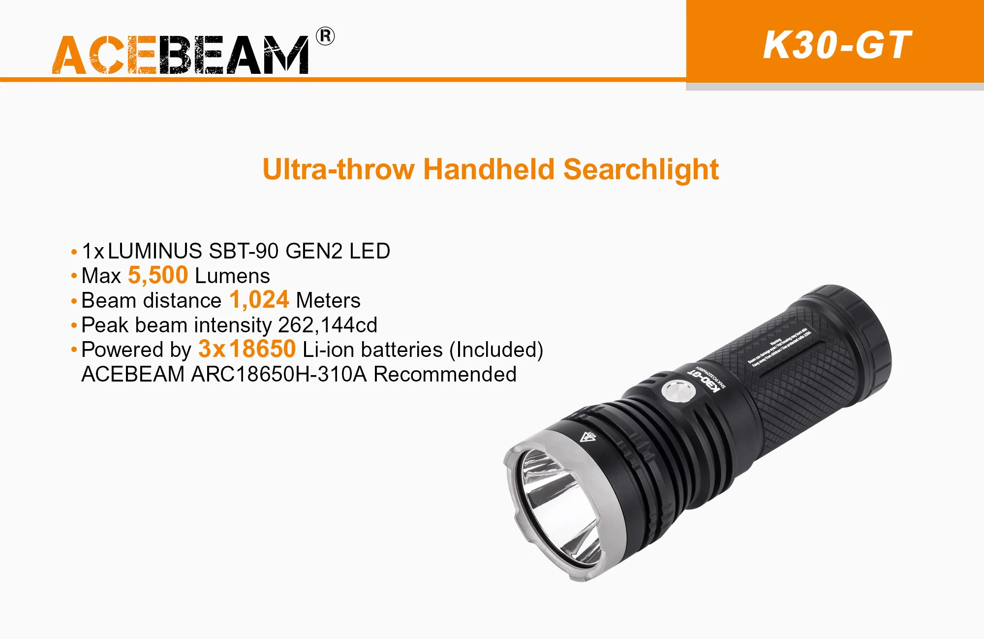 Acebaem K30GT 1 x LUMINUS SBT-90-GEN2 LED 5500 Lumens Far-Throwing Searchlight