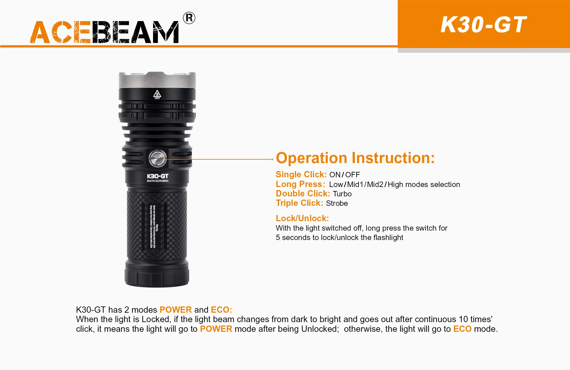 Acebaem K30GT 1 x LUMINUS SBT-90-GEN2 LED 5500 Lumens Far-Throwing Searchlight