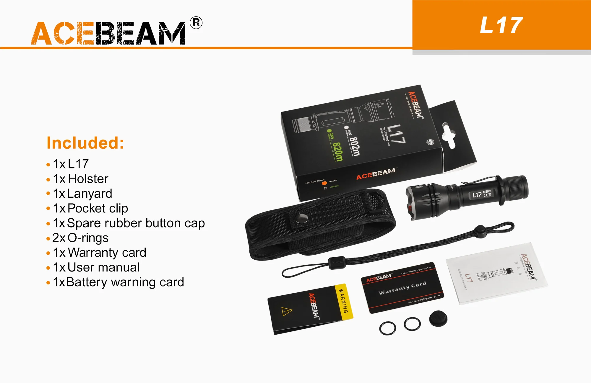 Acebeam L17 OSRAM White Light LED/OSRAM Green Light LED/ OSRAM Red Light LED Pocket Flashlight