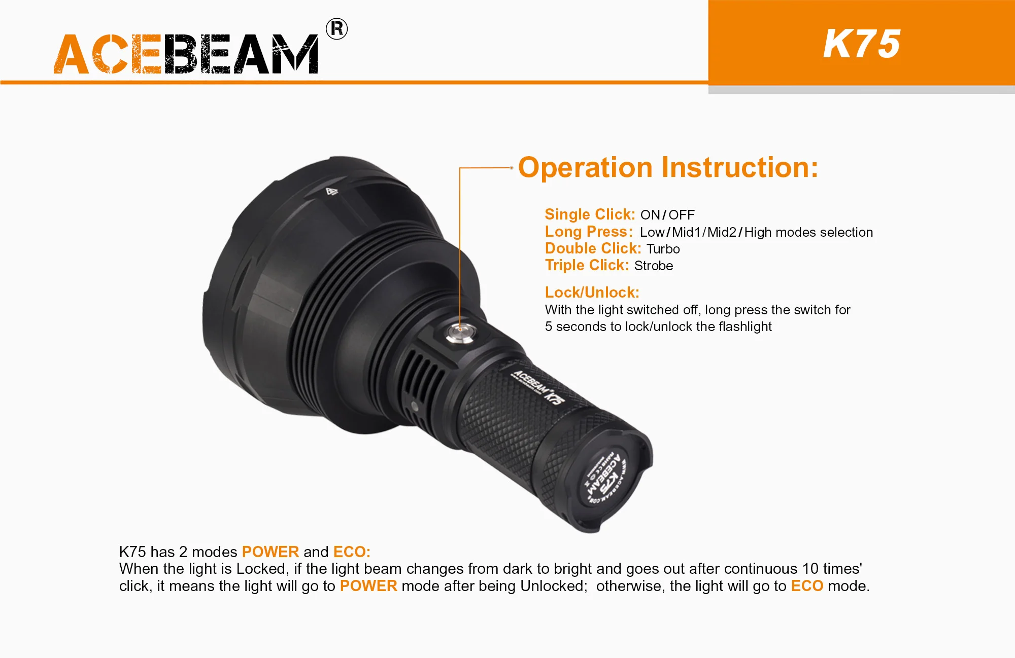 Acebeam K75 1xLUMINUS SBT-90-GEN2 LED 6300 lumens  High Power Search Lights