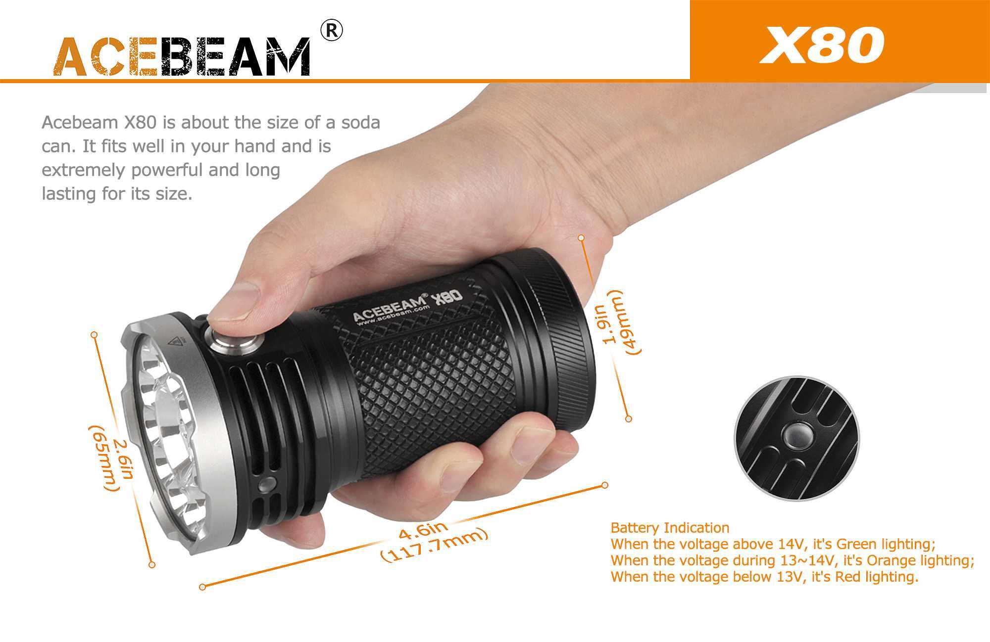 Acebeam X80 12x  XHP50.2 LED, 2* XPE2-R2, 2* XPE2-B4, 2* XPE2-G3, 1*Nichia 276A Powerful Search Lights