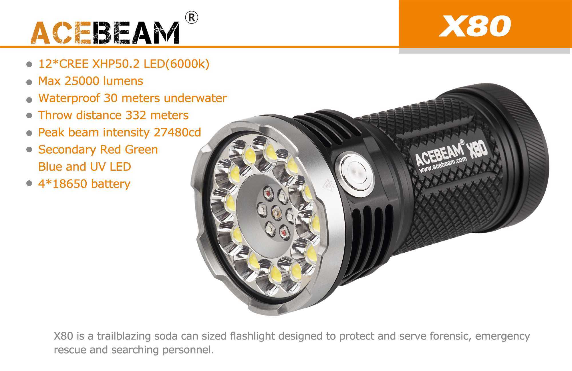 Acebeam X80 12x  XHP50.2 LED, 2* XPE2-R2, 2* XPE2-B4, 2* XPE2-G3, 1*Nichia 276A Powerful Search Lights