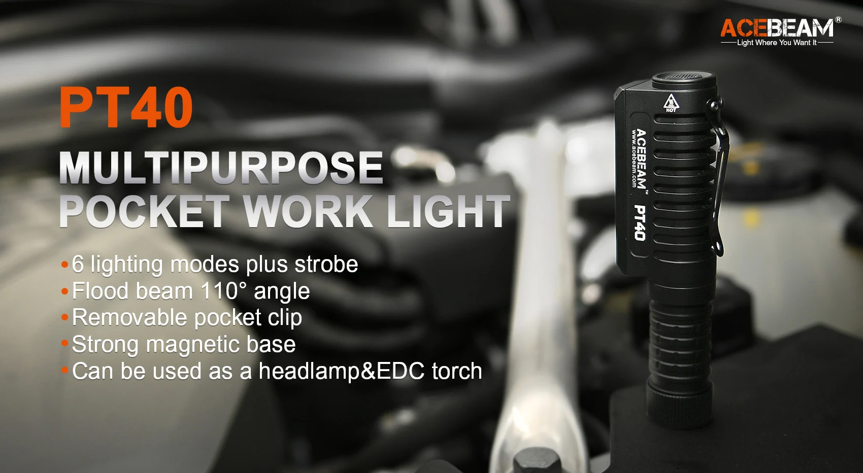 Acebeam PT40 6 x SAMSUNG LH351D LED CRI≥90 / 6 x LUMINUS SST-20 CRI≥95 / 6 x NICHIA 219C LED CRI≥90 Multipurpose Work Flashlight and L-shaped Headlight