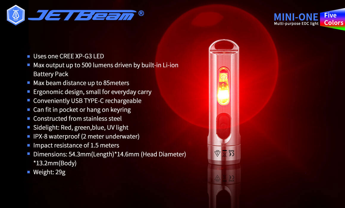 JETBeam Mini-one  XP-G3 LED 500 Lumens Mini SS EDC Keychain Flashlight
