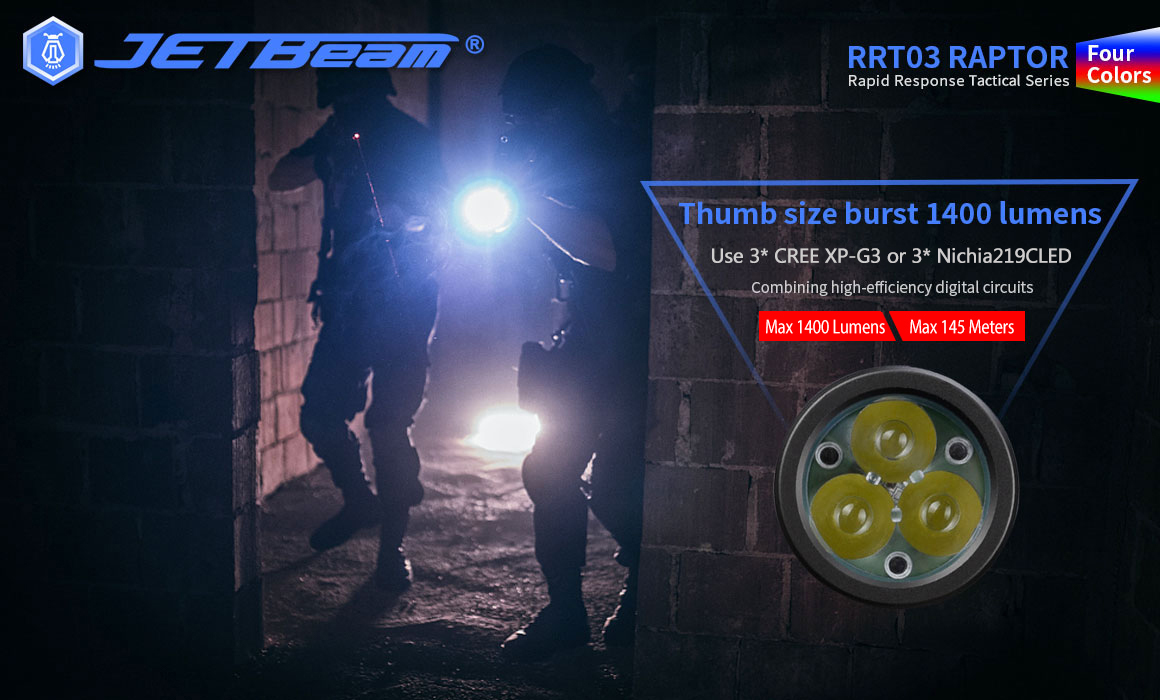 JETBeam RRT03 3* XP-G3 / 3*NICHIA 219C LED 1400 Lumens Magnetic Control Ring Tactical Flashlight (Extenders)
