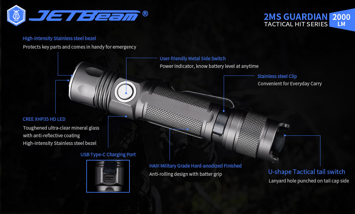 JETBeam 2MS CREE XHP35 LED 2000 Lumens Tactical Flashlight