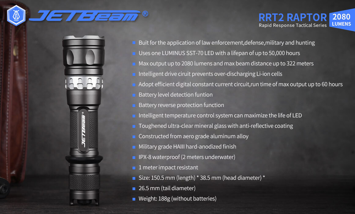 JETBeam RRT2 LUMINUS SST-70 LED 2080 Lumens Tactical Flashlight