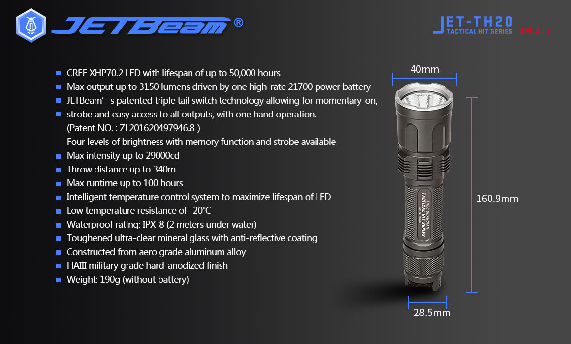 JETBeam TH20 GUARDIAN CREE XHP70.2 LED 3980 Lumens Tactical Flashlight