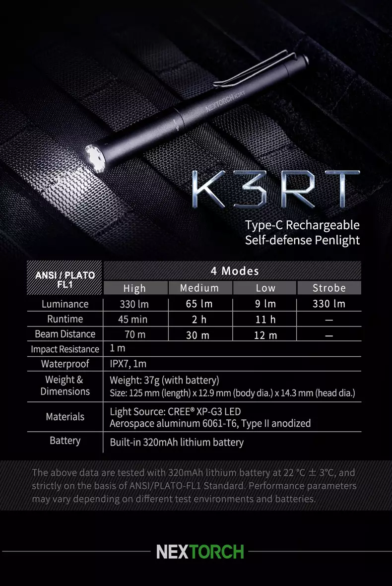 NEXTORCH K3RT XP-G3 LED 330 Lumens Rechargeable Penlight