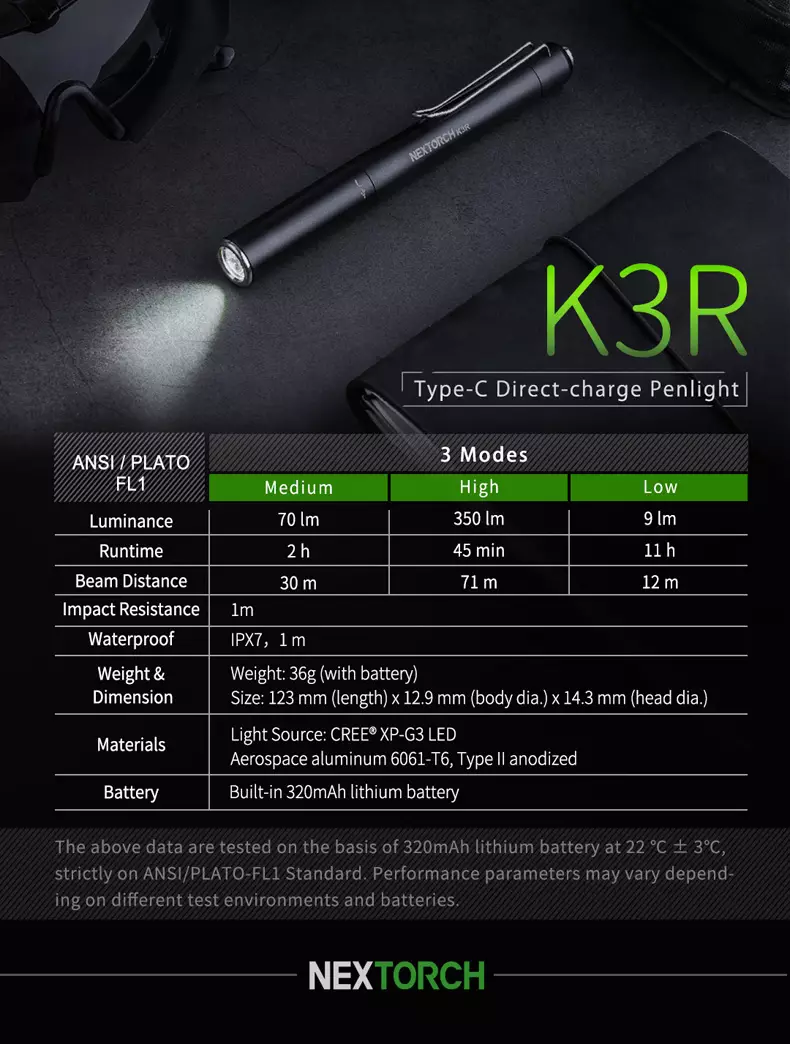 NEXTORCH K3R XP-G3 LED 350 Lumens Rechargeable EDC Penlight