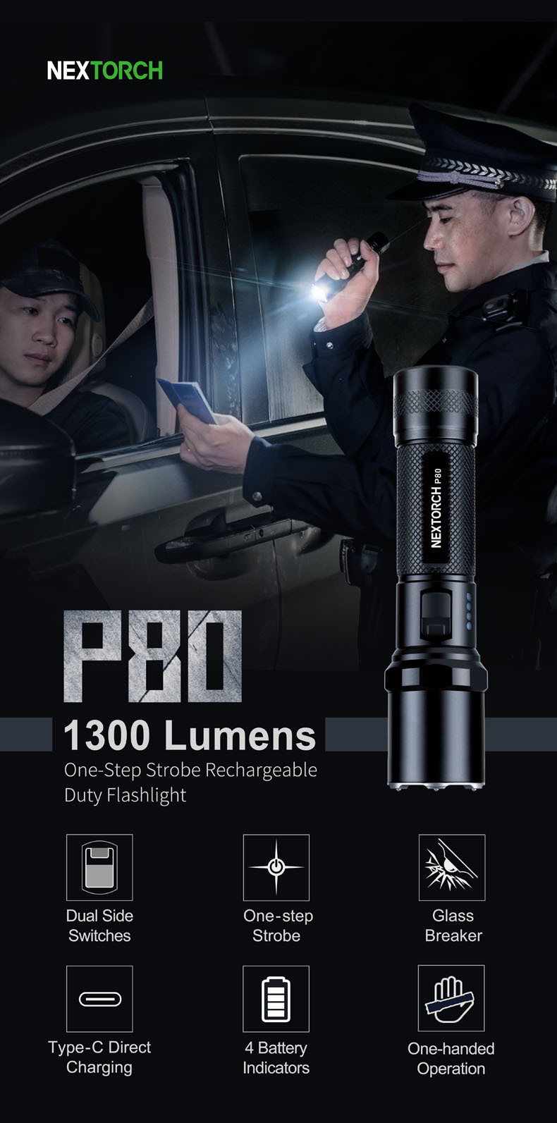 NEXTORCH P80 OSRAM P9 LED 1300 Lumens One-Step Strobe Tactical Flashlight