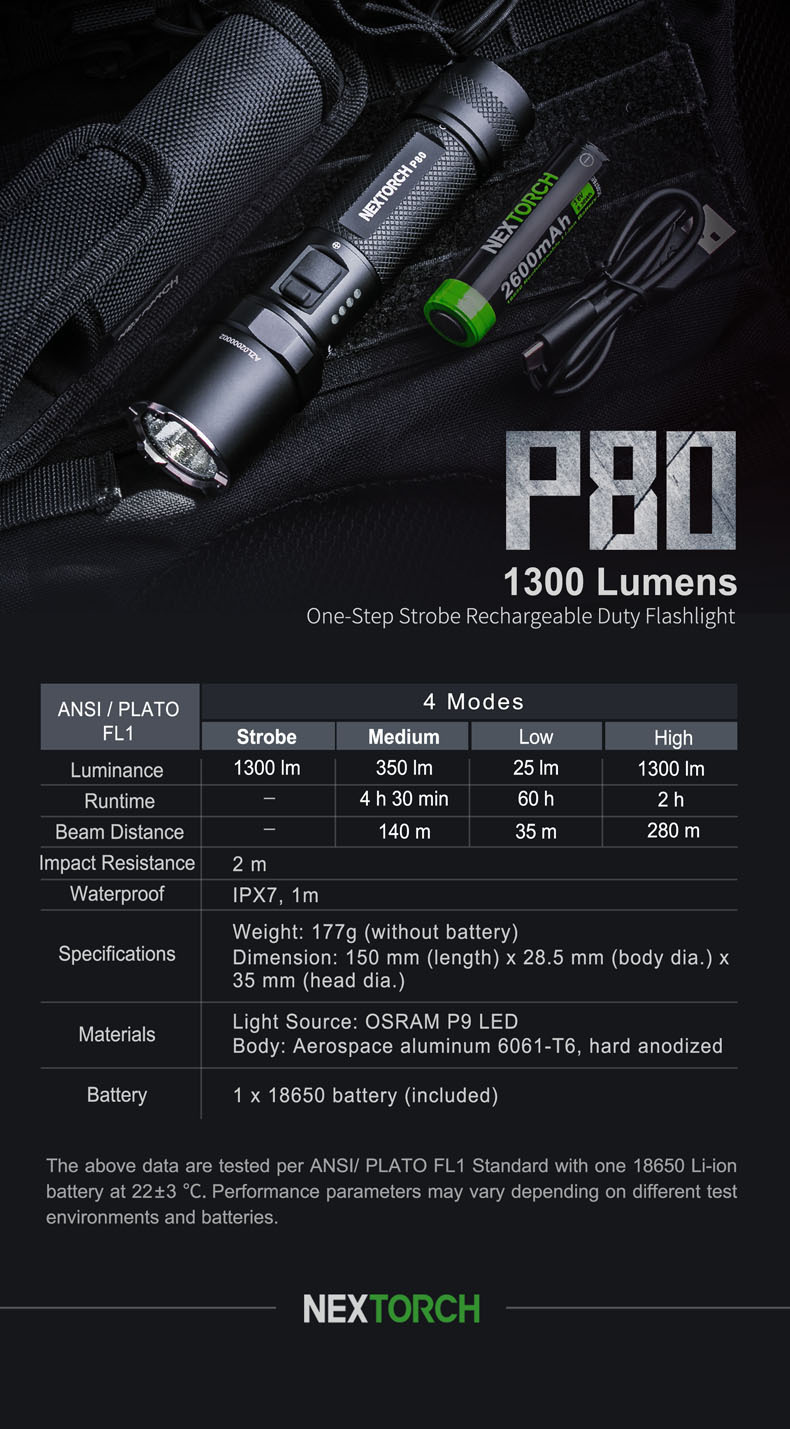 NEXTORCH P80 OSRAM P9 LED 1300 Lumens One-Step Strobe Tactical Flashlight