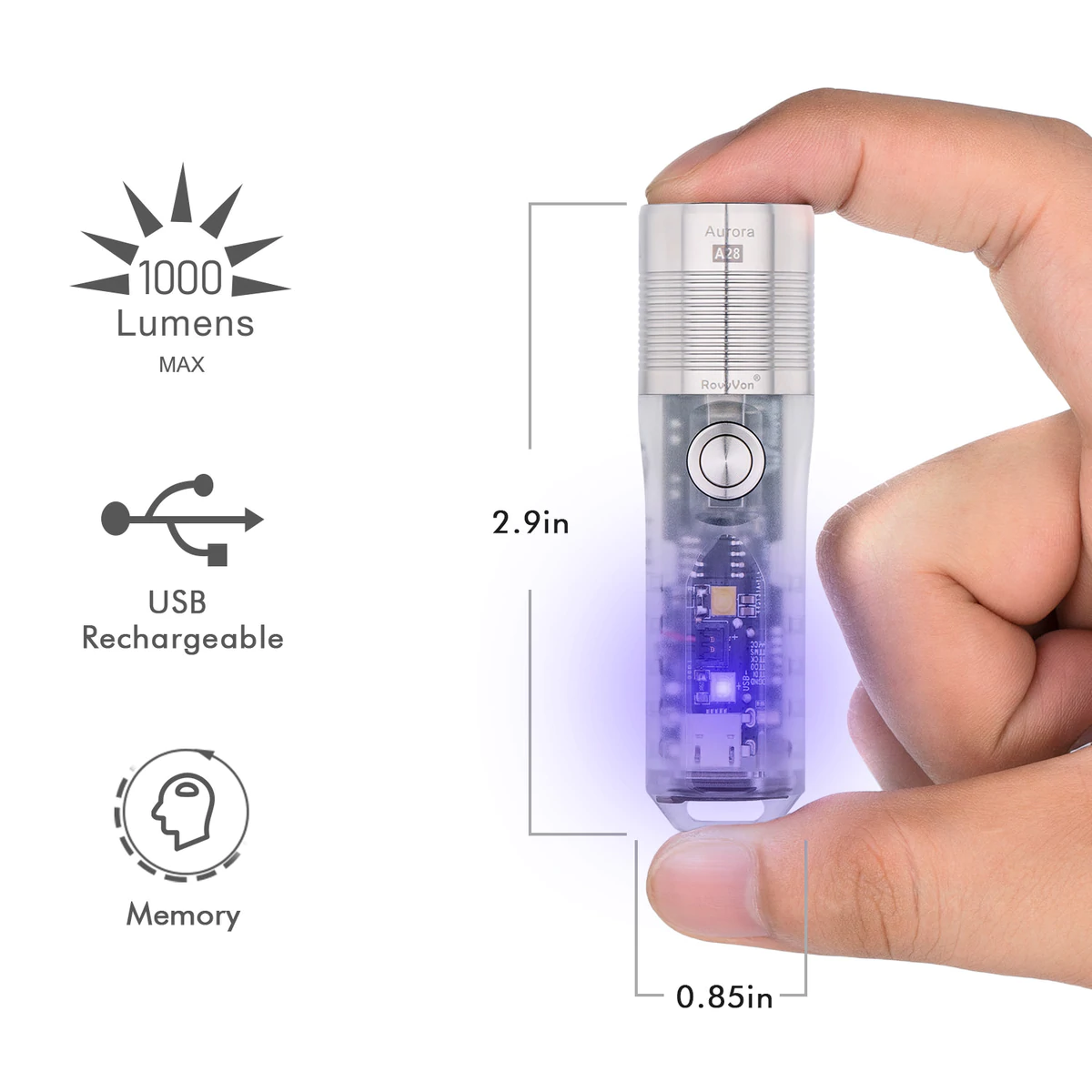 Rovyvon Aurora A28 1000 Lumens Clear Polycarbonate EDC Micro-USB Rechargeable Flashlight