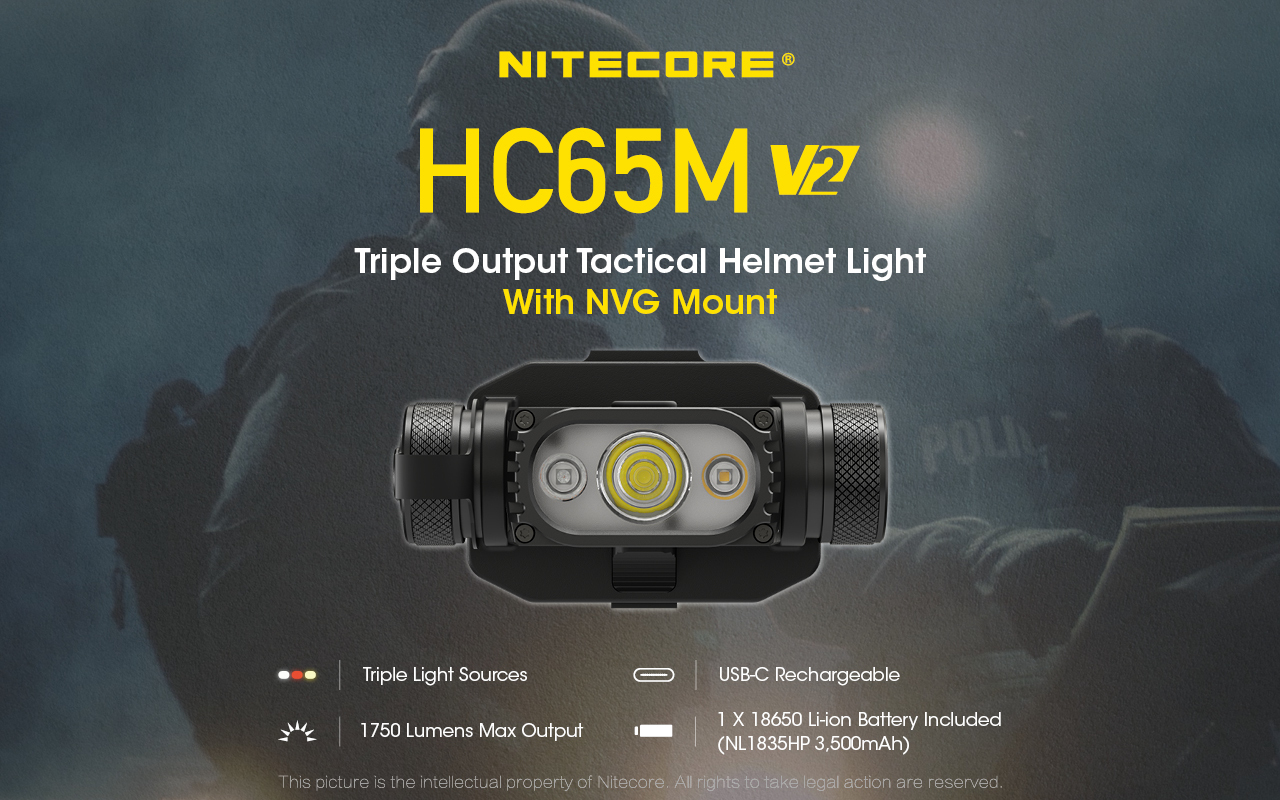 Nitecore HC65M V2 Luminus SST-40-W LED 1750 Lumens NVG Mountable Helmet Light White and Red LED