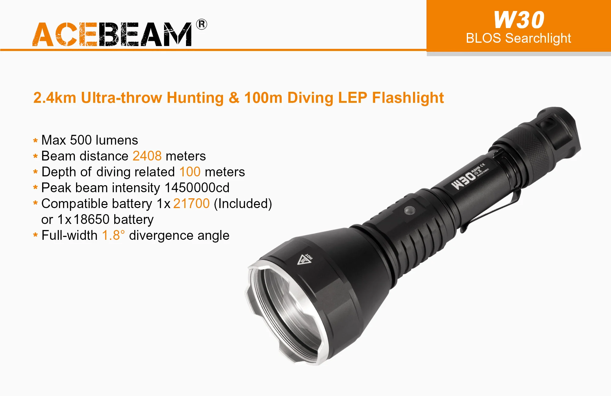 Acebeam W30 500 Lumens Long Range LEP White Laser Flashlight